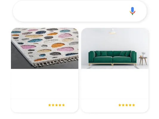 Ilustração de um telemóvel que mostra uma consulta de pesquisa Google relacionado com decoração de interiores que resulta em dois anúncios do Shopping relevantes.