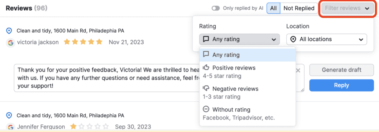 Review management screenshot that shows how simple it is to filter reviews when you use Semrush Local Review Management