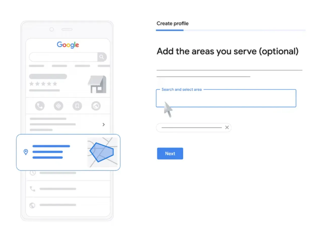 The option to add the areas your serve on the Google Business Profile creation page