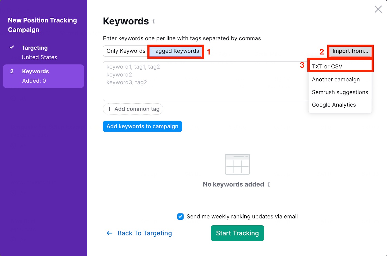 How to upload a TXT/CSV file with tagged keywords to Position Tracking? image 3