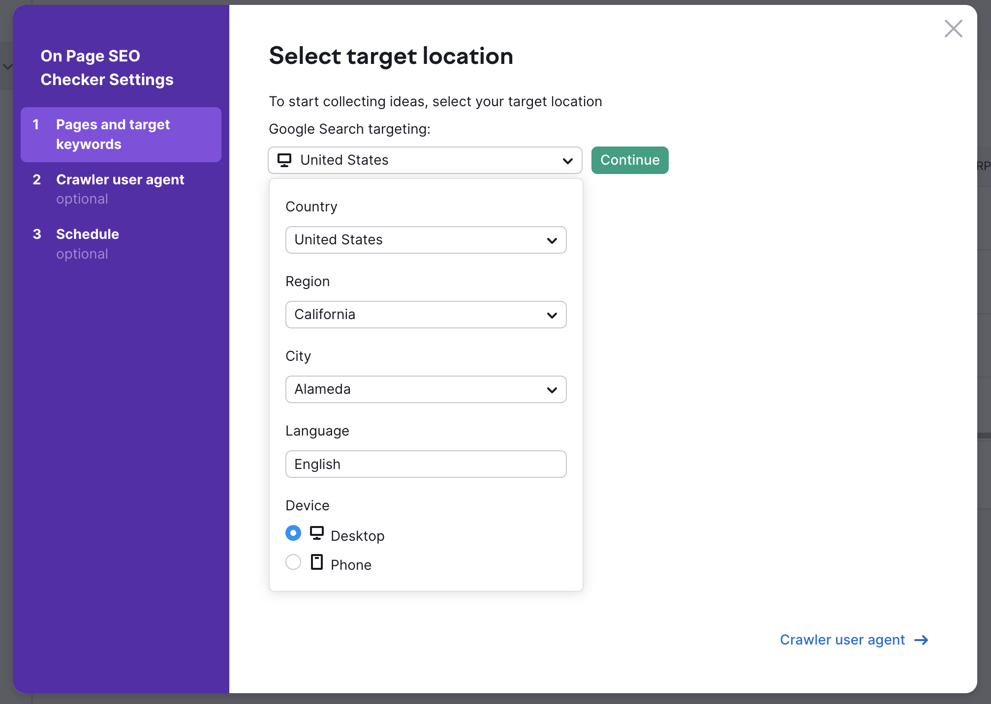 First step of On Page SEO Checker setup process, selecting target location. Option allow selecting country, region, city, language, and device type.