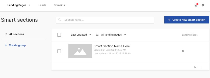 Once you add at least one smart section, the Smart Sections dashboard looks the same as the Landing Page dashboard, and lists all your sections in the center.