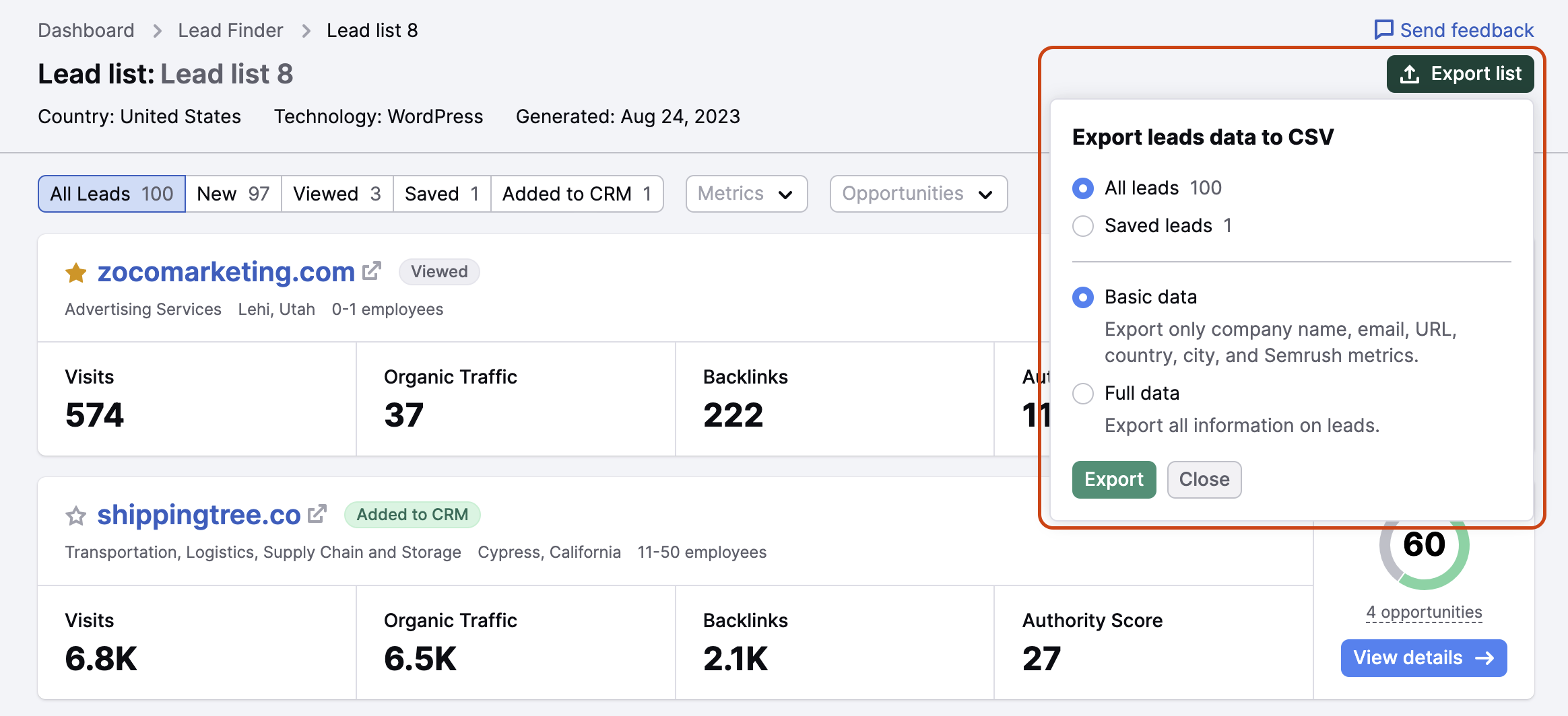 Export list button in the upper right corner opens a dropdown menu with all available export options circled with red. Only CSV exports are available, but there is a choice between Basic data and Full data. Basic data is selected in this example and consists of company name, email, URL, country, city, and Semrush metrics.