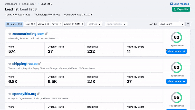 An example of opening the lead details. Clicking on the blue button opens a page with all available website data with all opportunities at the top of the report. Each opportunity describes a certain problem discovered by Semrush, and a suggestion on how to deal with it.