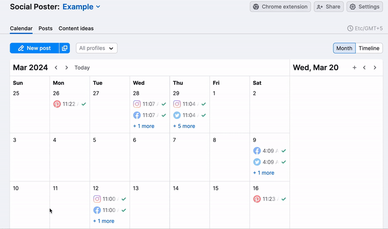 You can switch your Social Poster calendar view between month and timeline (weekly).