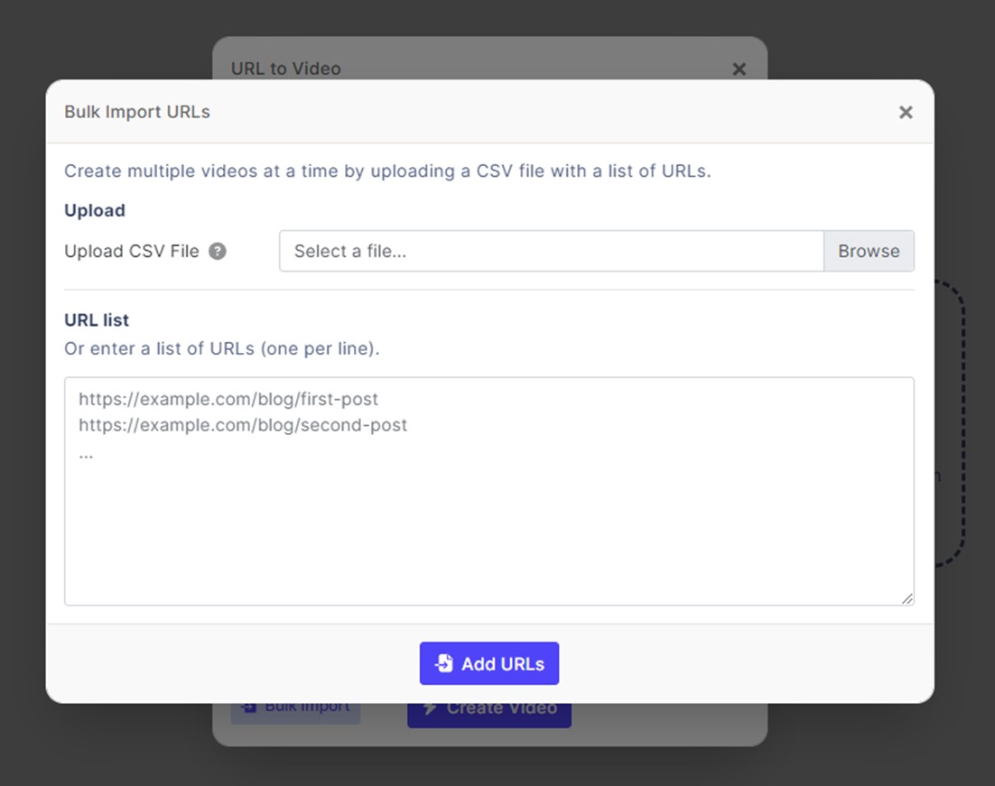 Bulk importing URLs to create multiple videos at once in AI Video Marketing Automator.