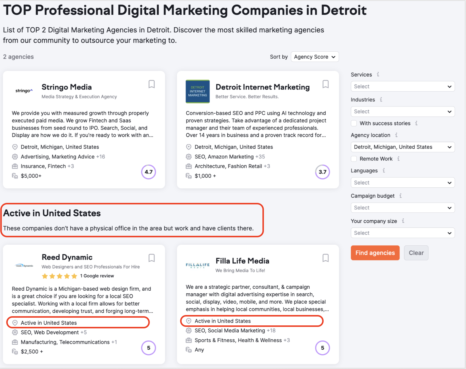 A list of Digital Agencies located in Detroit including those that don't have office but have clients in the United States. They are listed after the 'Active in United States' title (highlighted with a red rectangle).